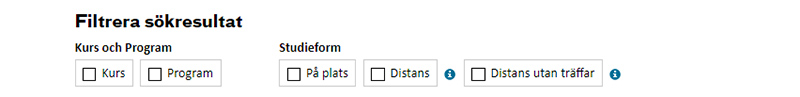 Filtrera fram program eller kurs samt utbildningar på distans eller på plats