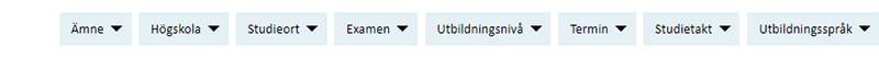Filterval ämne, högskola, studieort, examen, utbildningsnivå, termin, studietakt och utbildningsspråk